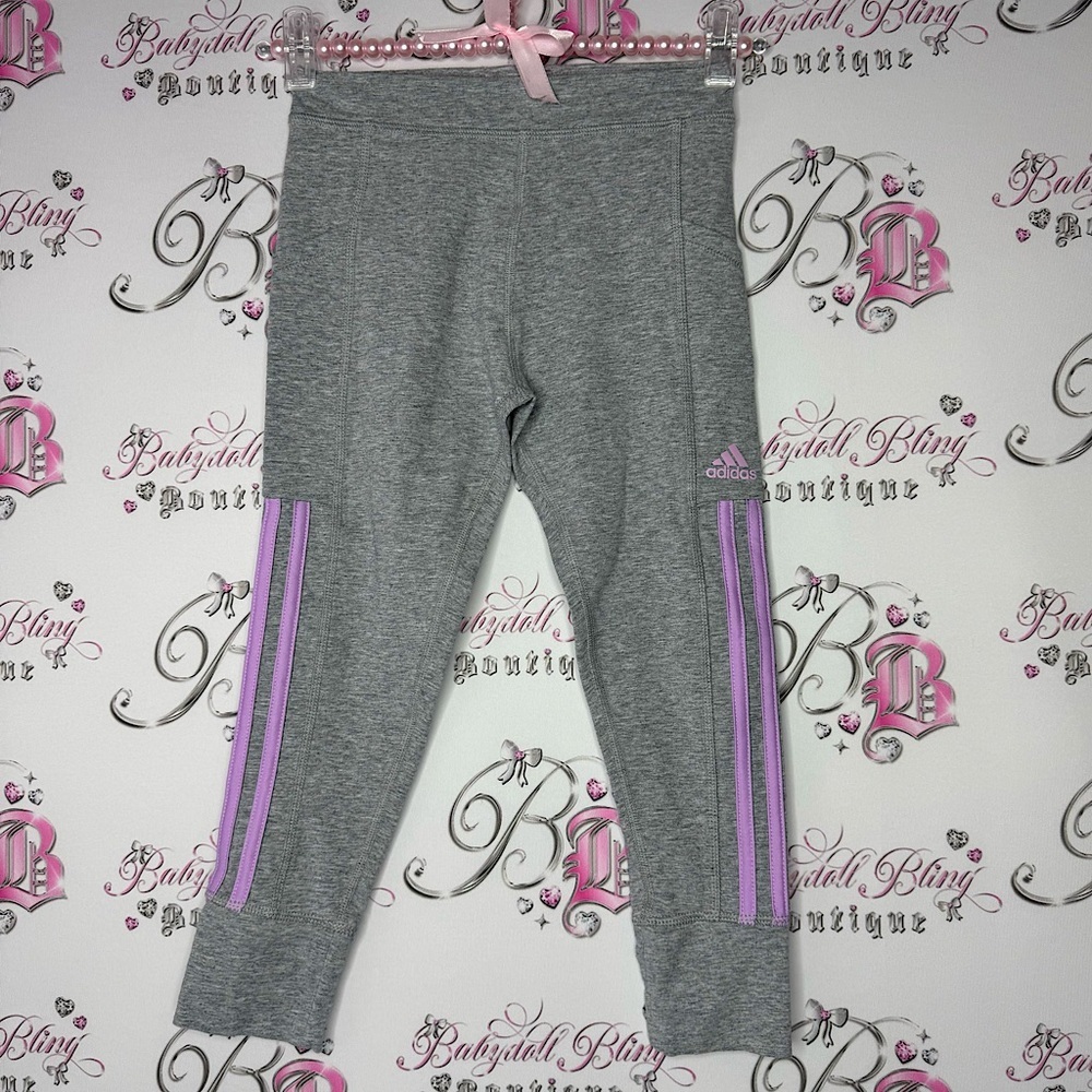 Adidas leggings crop capri grey with lilac purple stripes on side iconic stretch